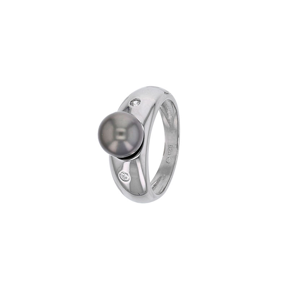 Bague Perle de Tahiti ronde – Argent 925 rhodié et 2 oxydes de zirconium